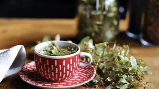 Czerwona filiżanka z wegańską herbatą ziołową na drewnianym stole, obok suszone zioła. Vegestyl.